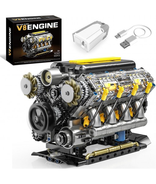 V8 Engine Model Building Kit That Runs - STEM Visible Mini V8 Engine Kit for Adults & Teens, Compatible with Lego Car Set, Physical Science Educational Toy for Kids Boys (905 PCS)