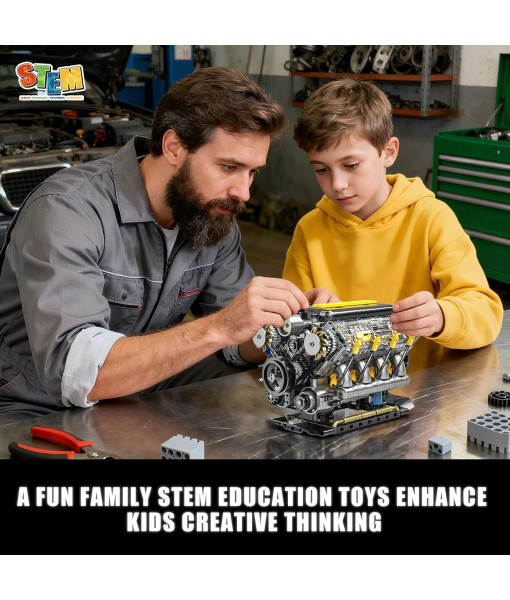 V8 Engine Model Building Kit That Runs - STEM Visible Mini V8 Engine Kit for Adults & Teens, Compatible with Lego Car Set, Physical Science Educational Toy for Kids Boys (905 PCS)