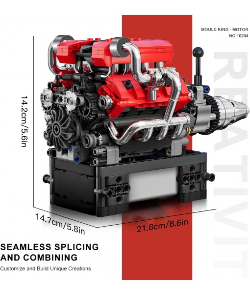 Mould King V8 Engine Model Kit That Works, 10204 FE V8 DIY Car Engine Model Educational Experiment Toy for 14+ Years Old and Adults, 750Pcs