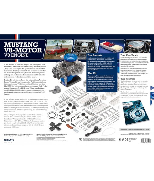 Franzis 1965 Ford Mustang K-Code 289 V8 Engine Model Kit with Collector's Book - Updated 2023 Version